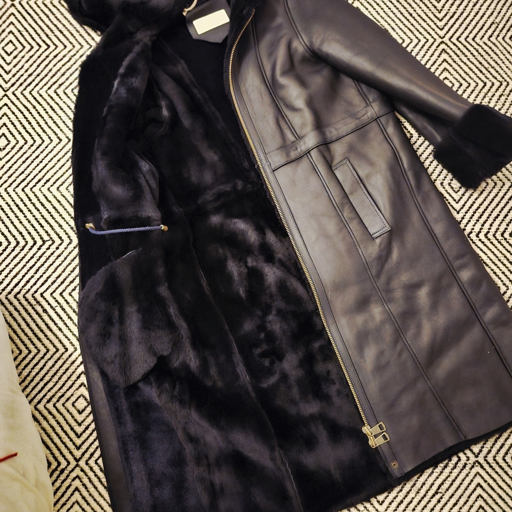 Celtic & Co- 100% SHEEPSKIN Drawcord Hooded Coat- Deep Navy Blue- STUNNING.